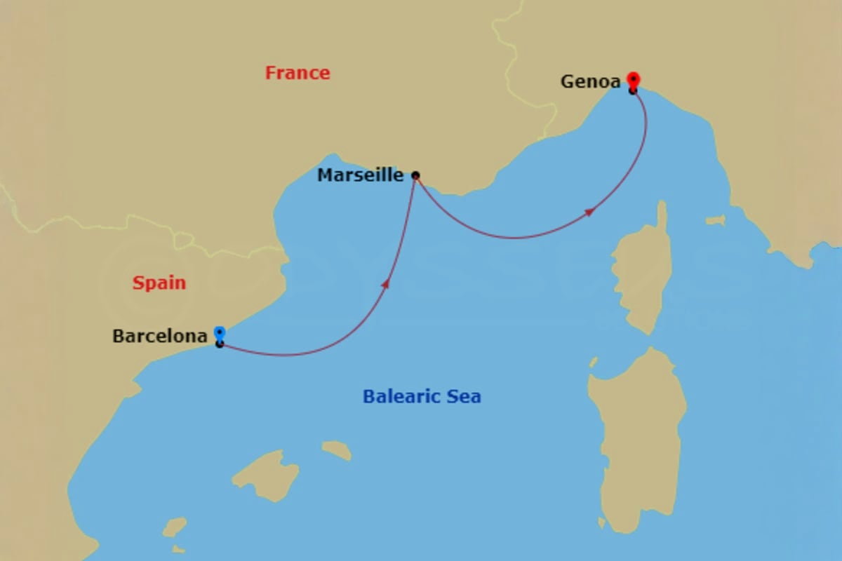 Map showing MSC Euribia cruise route across Balearic Sea connecting Barcelona, Marseille, and Genoa ports.